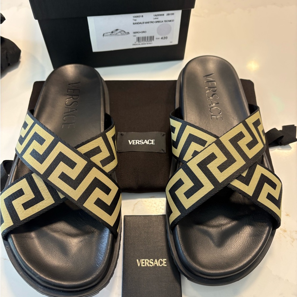 Versace Men's Black and Gold Slide Sandals